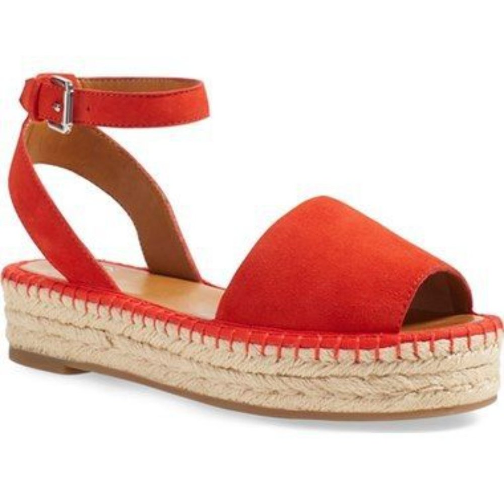 Franco Sarto Ravenna orange & tan suede espadrille sandals / shoes, ankle straps